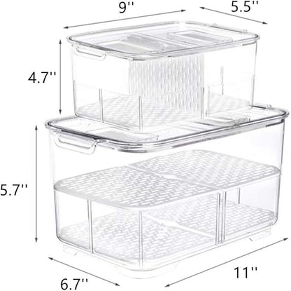 Slideep Food Storage Containers, 2 Tier Stackable Fridge Produce Saver with Lids, Removable Drain Tray Drawers Refrigerator Produce Keeper with Strainer for Veggie, Berry, Fruits, Vegetables 4 Pack