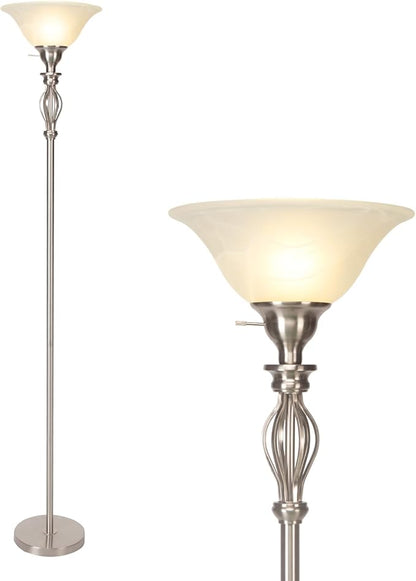 HonoDing Torchiere Floor Lamps for Living Room & Bedroom – Stand Up Lamp with Corner Floor Lamp Design – Traditional Iron Scroll 70" Tall Alabaster Glass Bowl Shade (Brushed Nickel)