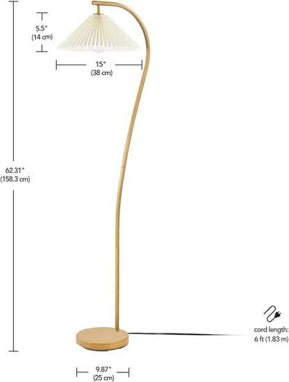 Globe Electric x Novogratz 61000043 62" Floor Lamp, Wood Toned, White Pleated Shade, Pivot Joint on Shade, On/Off Foot Switch, Black Cord, Modern Lighting for Living Room or Office