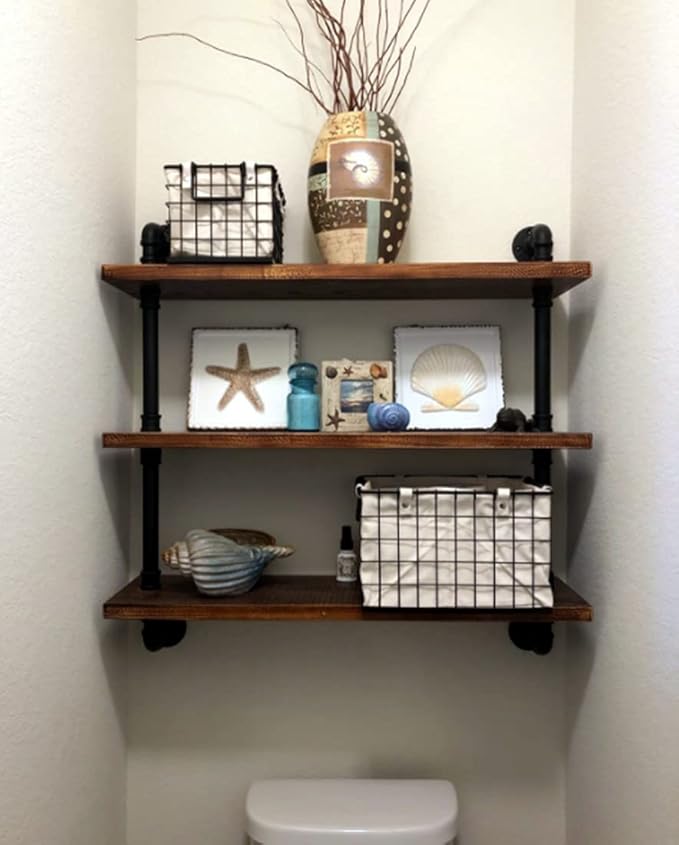 DR.IRON Industrial Pipe Shelves Wall Shelving Rustic Wood Shelf Storage Shelves 3 Tiers Wall Mount Pipe Design DIY Shelf Retro Wall Shelving (Black, 24" L)
