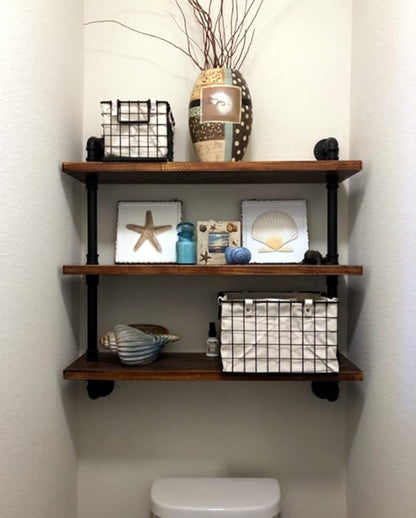 DR.IRON Industrial Pipe Shelves Wall Shelving Rustic Wood Shelf Storage Shelves 3 Tiers Wall Mount Pipe Design DIY Shelf Retro Wall Shelving (Black, 24" L)