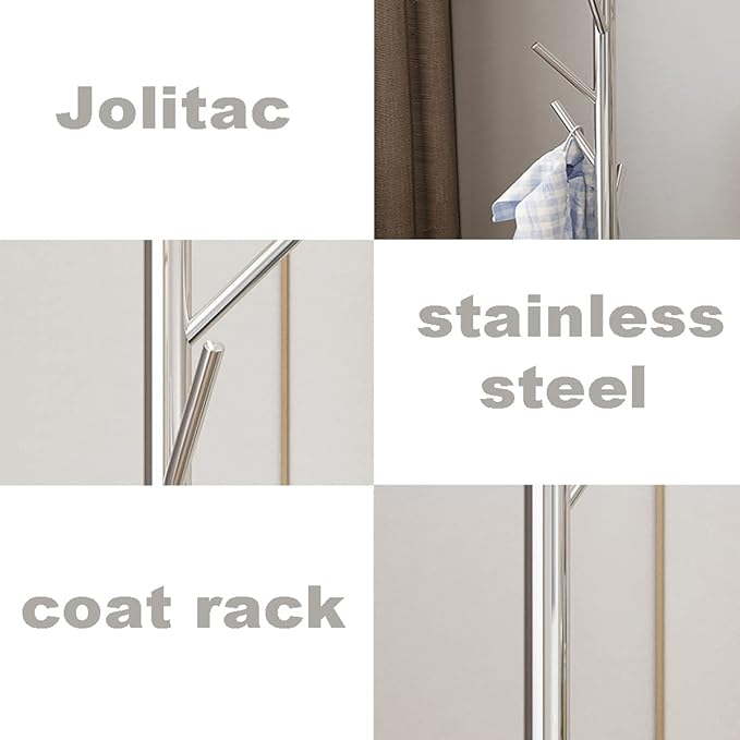 Jolitac Metal Coat Rack Stand Satin Steel Finish Stable Marble Base, High-Grade with Hooks Metal Tree Hat & Coat Hanger Floor Free Standing Wall Bedroom Easy Assembly (Satin Steel)