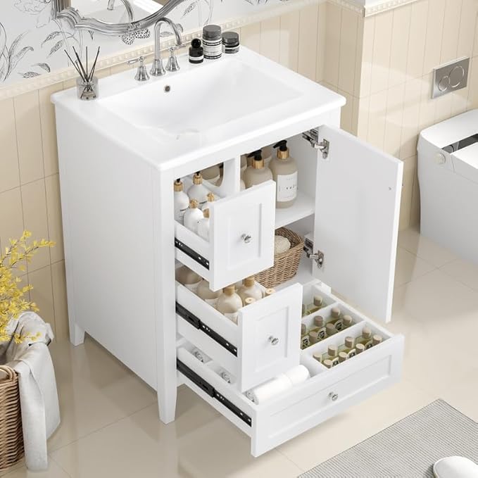 Merax 24 inch Bathroom Vanity with Drawers, Modern White Vanity for Small Bathroom with Adjustable Shelf & Removable Dividers, Easy to Clean Glossy Finish, White