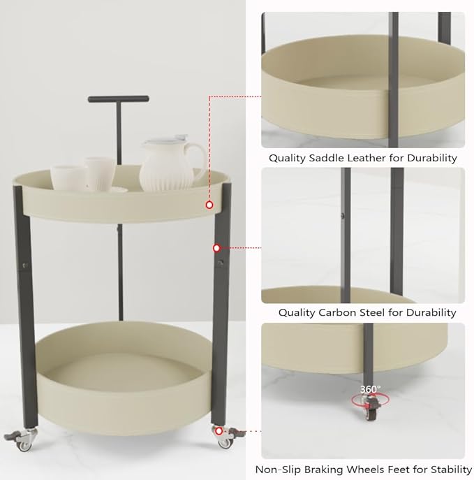 Unique Stylish 2 Tiers Saddle Leather Carbon Steel Finished Trolley Cart for Living Room Serving Cart for Kitchen Side Table for Bedroom (White)