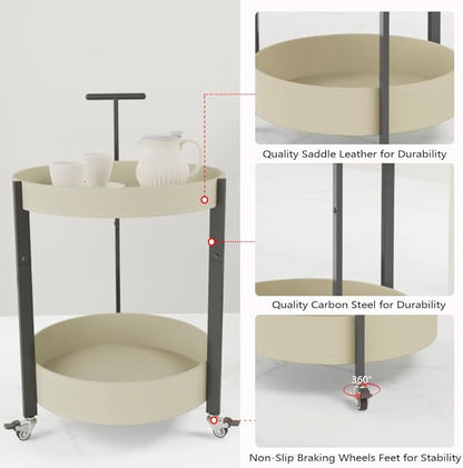 Unique Stylish 2 Tiers Saddle Leather Carbon Steel Finished Trolley Cart for Living Room Serving Cart for Kitchen Side Table for Bedroom (White)