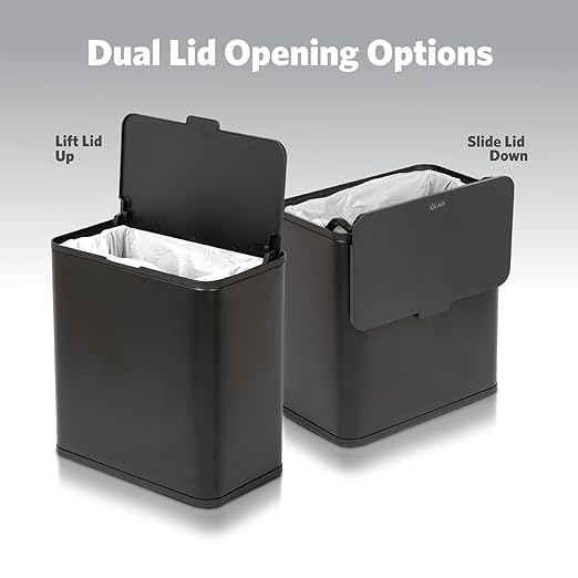 Glad Roomate Under Counter Trash Can - Space Saving Stainless Steel Waste Bin with Dual Lid and Clorox Protection - Small Black Trash Can for Kitchen Cabinet, Under Sink, or Bathroom, 1.5 Gallon (6L)