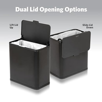 Glad Roomate Under Counter Trash Can - Space Saving Stainless Steel Waste Bin with Dual Lid and Clorox Protection - Small Black Trash Can for Kitchen Cabinet, Under Sink, or Bathroom, 1.5 Gallon (6L)