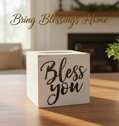 Young's Inc. Wood Bless You Tissue Box Cover - Tissue Holder for Farmhouse Bathroom Decor - Charming Rustic Bathroom Decor - 6" L x 6" W x 6" H