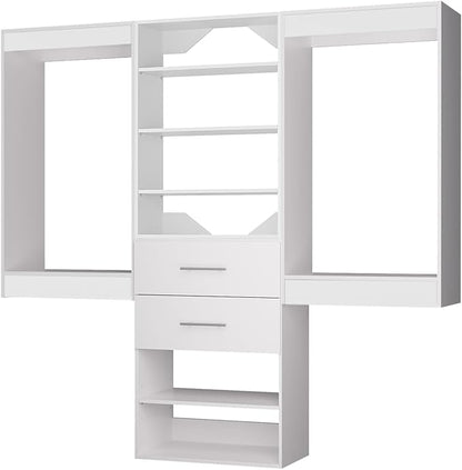 ROOMTEC Modular Closet System, 96" Wall Mounted Closet Organizer with Hanging Rods and Drawers, Wooden Tower for Walk-In Closets, Wardrobe Storage Kit, White