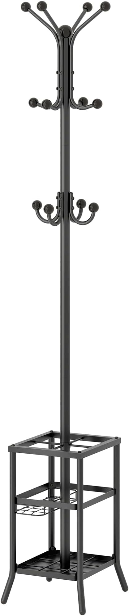 FAVOOSTY Coat Rack Freestanding,Coat Rack Stand with Umbrella Holder,Metal Coat Tree with 12 Hooks,Tree Clothes Hat for Entryway, Hallway, Bedroom, Living Room & Office -Black
