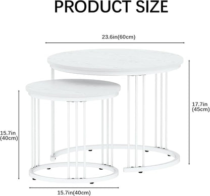 Garden 4 you Nesting Coffee Table, 23.6" Round Coffee Table Set of 2, Wooden Nesting Table with Metal Frame, Ceter Tables for Living Room Bedroom Balcony, White