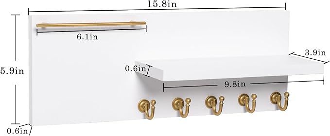 SANY DAYO HOME Real Wood Key Holder Rack Wall Mount 16 x 6 inches White and Gold Entryway Shelf with 5 Hooks, Metal Sunglass Bar, and Floating Board for Keychain, Purse