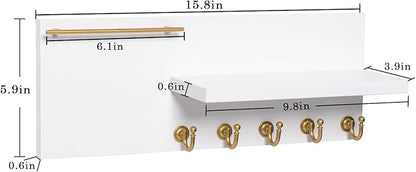 SANY DAYO HOME Real Wood Key Holder Rack Wall Mount 16 x 6 inches White and Gold Entryway Shelf with 5 Hooks, Metal Sunglass Bar, and Floating Board for Keychain, Purse