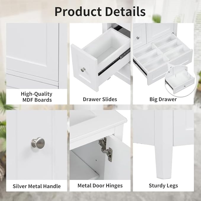 Merax 24 inch Bathroom Vanity with Drawers, Modern White Vanity for Small Bathroom with Adjustable Shelf & Removable Dividers, Easy to Clean Glossy Finish, White