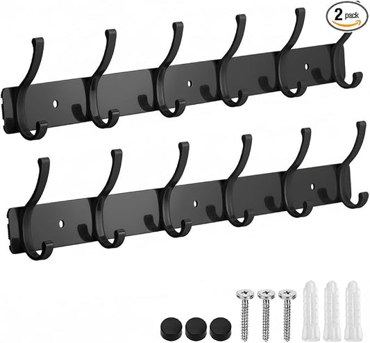 Dntorx Coat Rack Wall Mount, 2 Pack Coat Hooks Hanger Wall Double Hook Rack Rail Towel Hat Rack Entryway Bathroom Hanger Organizer for Robes, Clothes, Bags, Hat(Black)