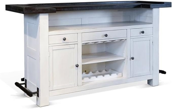Sunny Designs Carriage House 78" Farmhouse Wood Bar Unit with Sides and Front Foot Rail, Removable Wine Storage Rack, Stemware Rack, Adjustable Shelves, in Dark Brown & White Finish
