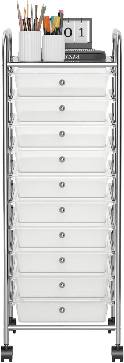 OFFICEJOY Storage Cart, Rolling Utility Cart with 10 Drawers, Portable Handles & Lockable Wheels, Mobile Paper Toys Storage Organizer Large Capacity for Home Office School Teacher (Clear)
