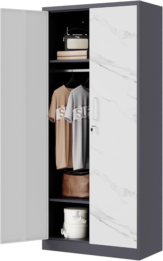 Letaya Wardrobe Closet, 72" H Clothing Storage Cabinet with Adjustable Shelves and Hanging Rod, Bedroom Armoire Clothes Organizer (White Gray)