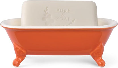 6.5" Ceramic Mini Decorative Clawfoot Bathtub Bar Soap Dish, Kitchen Sponge Holder and Shower Tray for Bathroom, 1 Pack(Dark Orange)