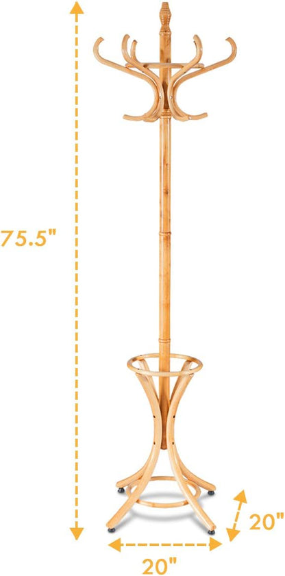 Tangkula 75.5" Standing Coat Rack, Wood Coat Tree with 12 Hooks, Home Hat Jacket Hanger Tree 12 with Umbrella Holder Coat Stand (Oak)