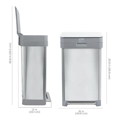 Clorox 13 Gallon Trash Can - 50L Kitchen Trash Can with Wide Step Pedal - Rectangular Stainless Steel Garbage Bin with Hinged Rim and Odor Protection