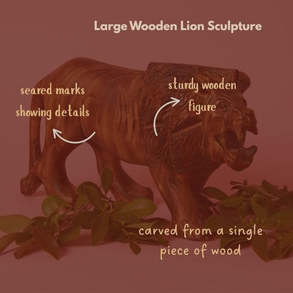 Large Wood Lion Sculpture, Statues, Animal Figurines, Home Decor Accents, Living Room, Office, Desk, Coffee Table, Book Shelf, Hand Carved, African, Brown