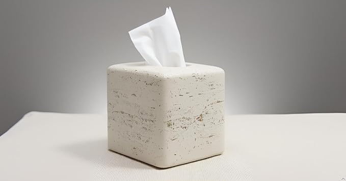 Travertine Tissue Box Cover Square Decorative Stone Klenex Box Holder for Bathroom & Living Room with Handcrafted Texture (Light Beige)