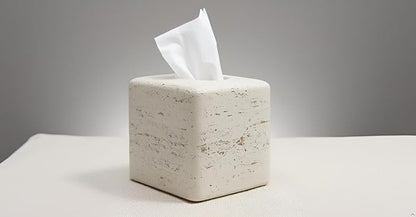 Travertine Tissue Box Cover Square Decorative Stone Klenex Box Holder for Bathroom & Living Room with Handcrafted Texture (Light Beige)