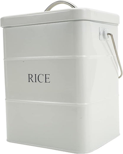 Metal Rice Storage Box, Square Rice Container with Lid and handle, Sealed Food Storage Bin for Kitchen, Countertop Organizer Jar for Rice Flour Soybean Grain Cereal-White