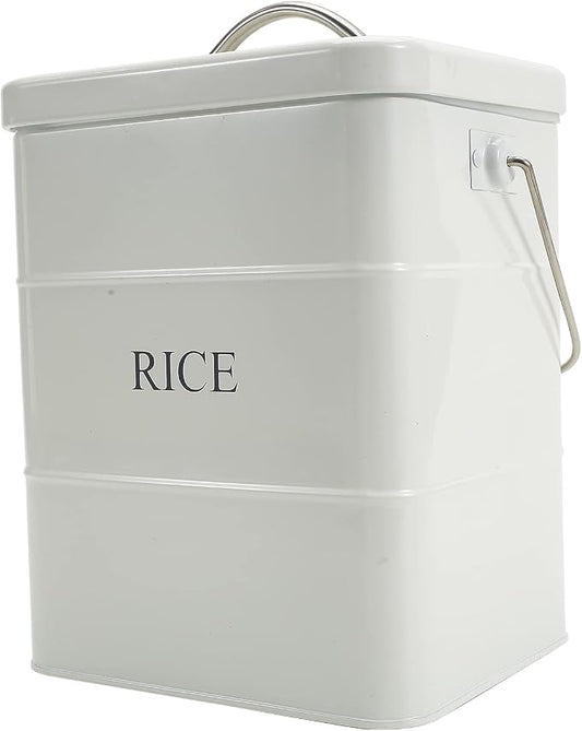 Metal Rice Storage Box, Square Rice Container with Lid and handle, Sealed Food Storage Bin for Kitchen, Countertop Organizer Jar for Rice Flour Soybean Grain Cereal-White