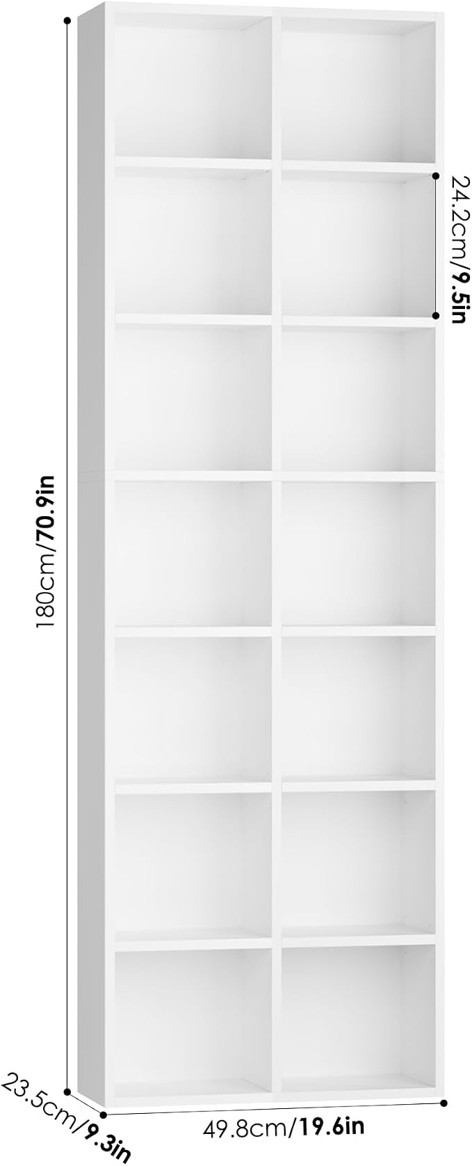 FOTOSOK 71'' Tall Bookshelf with 14 Cubes, 7 Tier Double Wide White Bookshelf with 6 Adjustable Shelves, 19.6" Narrow Bookcase DVD/CD Media Storage, Space Saving Display Shelf Cabinet, White