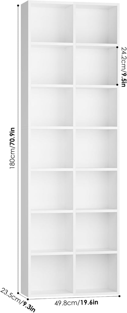 FOTOSOK 71'' Tall Bookshelf with 14 Cubes, 7 Tier Double Wide White Bookshelf with 6 Adjustable Shelves, 19.6" Narrow Bookcase DVD/CD Media Storage, Space Saving Display Shelf Cabinet, White