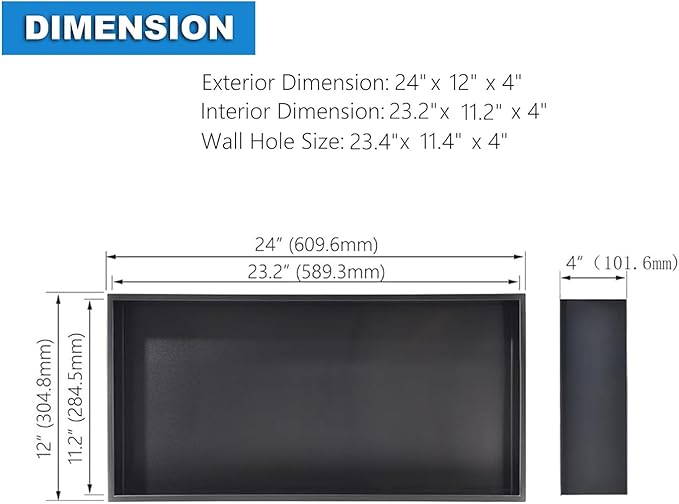 Shower Niche 24 x 12, Matte Black Stainless Steel Shower Niche Shelf Recessed for Bathroom Storage No Tile Needed Over Mount Installation