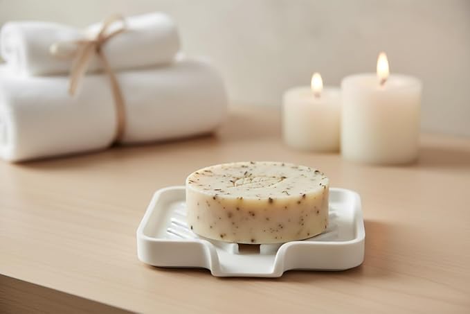 Happitasa Silicone Soap Dish Tray and Sponge Holder with Drain Chute and Feet | 3-Way Sloped Design | Bathroom and Kitchen Sink Organizer Caddy (Grey, 5"x4")