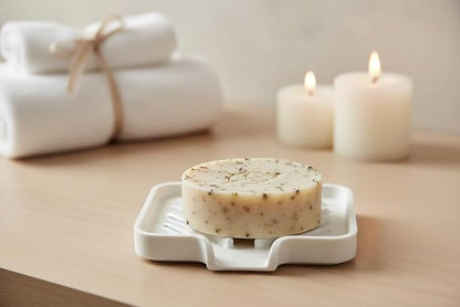 Happitasa Silicone Soap Dish Tray and Sponge Holder with Drain Chute and Feet | 3-Way Sloped Design | Bathroom and Kitchen Sink Organizer Caddy (Grey, 5"x4")