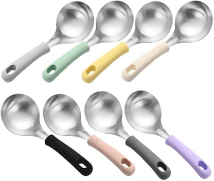KKU-MIM Wide Head Serving Spoon with Silicon Handle, 8 inch, Stainless Steel, Includes Silicon Matching Rest, Modern Style, Various Color Available (White)