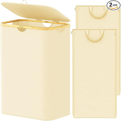 SpaceAid Double Laundry Hamper 2 Section with Lid and Removable Laundry Bags, 160L Clothes Basket with Bamboo Handles, Large Collapsible Hamper for Bedroom, Bathroom, Dorm, Laundry Room - Beige
