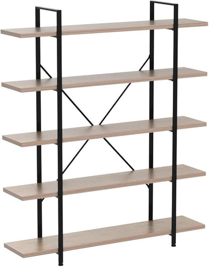 HSH Industrial Wood and Metal 5 Tier Bookshelf, Large Tall Open Rustic Wide Etagere Bookcase, Vintage Farmhouse Modern Wooden Big Book Shelf for Home Living Room Bedroom Office Storage, Rustic Oak