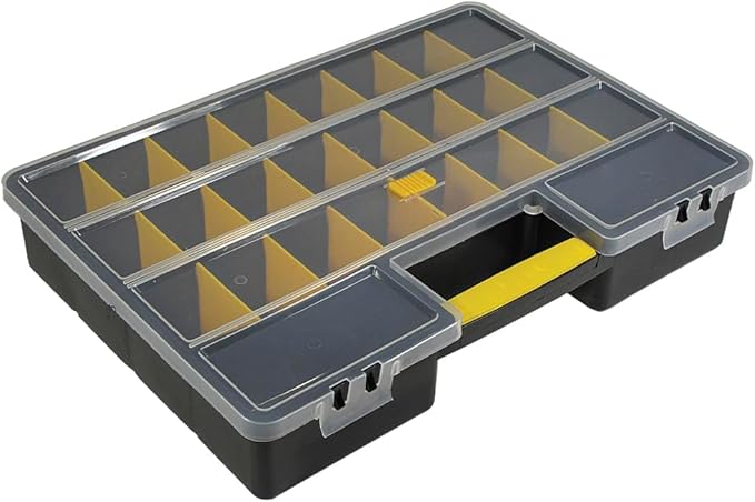 SE Adjustable 26-Compartment Plastic Storage Box - 18x12x3 Inch Organizer with Triple Lock, Translucent Lid, and Sturdy Handle - Ideal for Tools, Crafts, and Small Parts