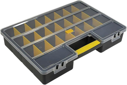 SE Adjustable 26-Compartment Plastic Storage Box - 18x12x3 Inch Organizer with Triple Lock, Translucent Lid, and Sturdy Handle - Ideal for Tools, Crafts, and Small Parts