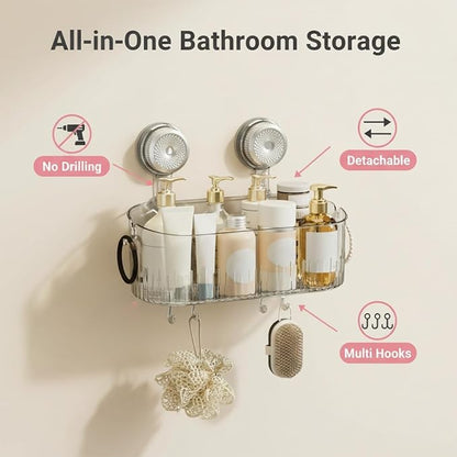 No-Drill Bathroom Suction Storage Box, Suction Cup Shelf, Portable Wall Mounted Bathroom Organizer for Shower, Durable Removable Storage Basket for Home (White)