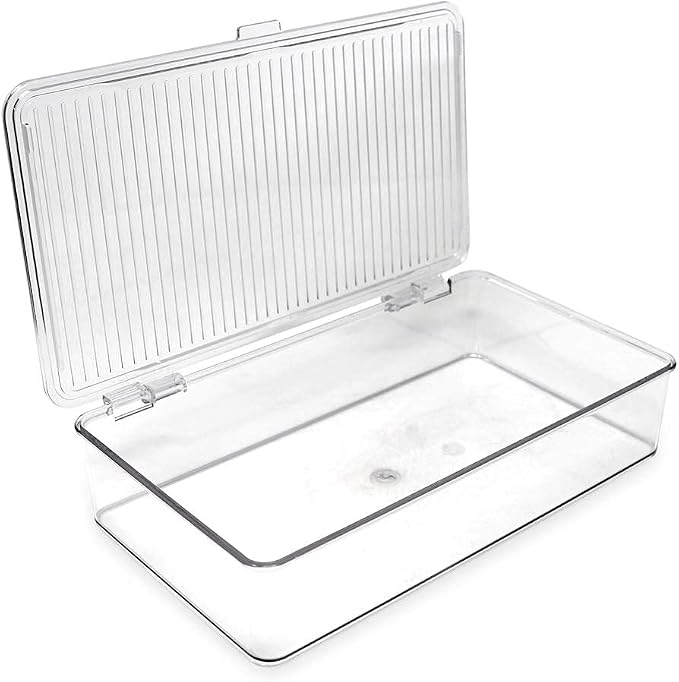 Isaac Jacobs Small Stackable Organizer Bin (10.75” x 6.5” x 2.4”) w Hinged Lid Clear Storage Box Home Office School Fridge Bathroom Kitchen Pantry Container BPAFree Food Safe (Small Clear)