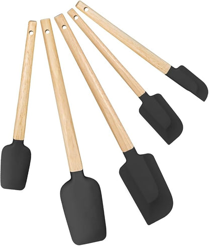 5 Pcs Silicone Spatula Set,Food Grade Silicone Spatula Nonstick Rubber Spatulas with Wooden Ergonomic Grip,Spoonula,Jar Scraper for Cooking,Baking,Mixing,Frosting-Heat Resistant Up to 428°F(Black)