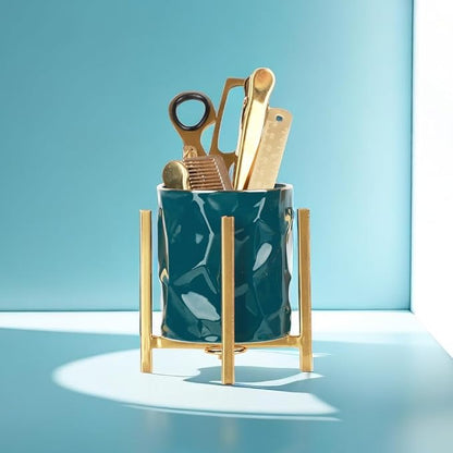 Gold pencil cup Sturdy metal frame with white ceramic pen holder For desks and kitchen appliance holders