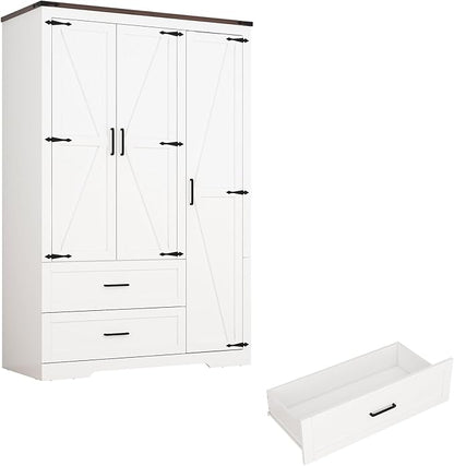 3 Doors Wardrobe Armoire Closet with Doors and Drawers, Farmhouse Wooden Armoire Storage Cabinet with Shelves & Hanging Rod for Bedroom, White