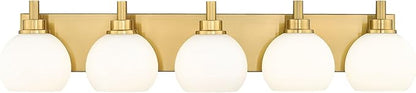 Bathroom Light Fixtures, 5-Light Brushed Gold Bathroom Vanity Lights Over Mirror with Globe Milk White Glass Shade, 32 Inch Modern Vanity Lighting Fixtures, VL195-BG-ML-5