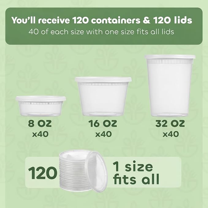 JoyServe 120 Sets Deli Containers with Lids – 8oz, 16oz & 32oz – Leak Proof, Microwaveable, Dishwasher & Freezer Safe – Plastic Food Storage & Soup Containers