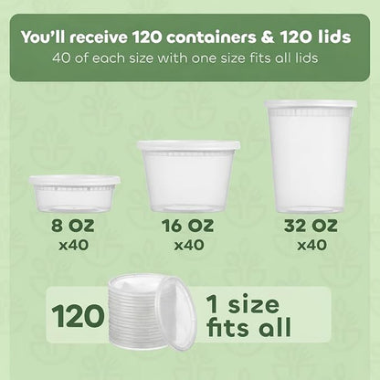 JoyServe 120 Sets Deli Containers with Lids – 8oz, 16oz & 32oz – Leak Proof, Microwaveable, Dishwasher & Freezer Safe – Plastic Food Storage & Soup Containers