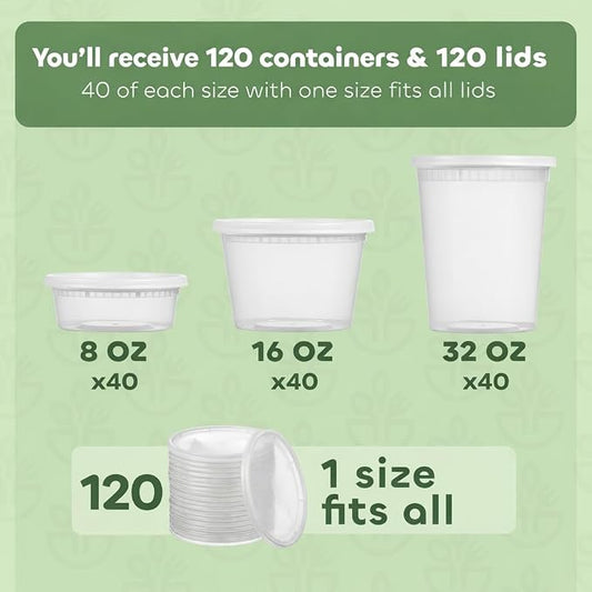 JoyServe 120 Sets Deli Containers with Lids – 8oz, 16oz & 32oz – Leak Proof, Microwaveable, Dishwasher & Freezer Safe – Plastic Food Storage & Soup Containers