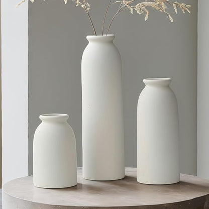 10.6 inches Tall Decorative Ceramic Vase Set, 3 Pieces, Nordic Modern Boho Style, White, for Home Decor (White)